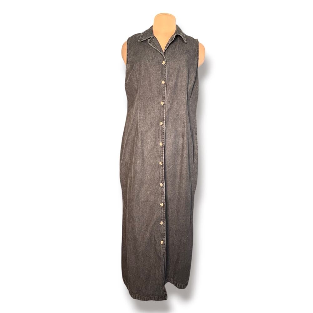 Vintage Black Denim Maxi Dress Sleeveless Button Front Grunge Modest Western - Picture 10 of 10
